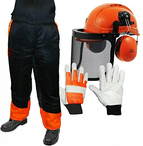 SPARES2GO Chainsaw Safety Bib & Brace (L), Helmet with Mesh Visor, Ear Muffs & Padded Gloves
