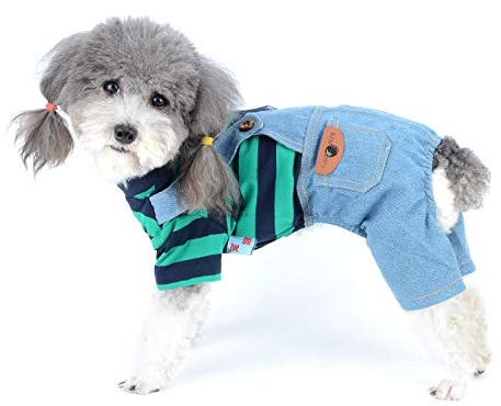 Ranphy Pet Clothes for Small Dog Boy Girl Stripe Jumpsuit Puppy Cat Soft Cotton Shirt Doggy Overalls Pants One Piece Jacket Denim Outfits for Chihuahua Toy Poodle Teacup Dogs Green S