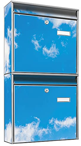 banjado Briefkastenanlage 2 Fach - 2 Briefkästen 36x64x10cm groß - Doppelbriefkasten Set - Namensschild, 2 Schlüssel, Montagematerial - Stahl verzinkt Silber - Motiv Wolken 9