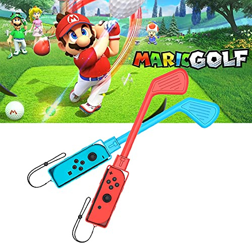 Golfklubb för Mario Golf: Super Rush – Nintendo Switch Joy-con tillbehör, minigolfklubbar, handgrepp, tillbehör med handledsrem för Joy Cons – 2-pack (röd och blå)