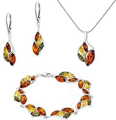 AMBEDORA damer stor sabine set silver 925 polerad färgad baltisk bärnsten hänge med kedja orm örhängen armband, Sterlingsilver, Bärnsten