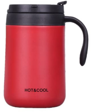 Gteller Tazza da caffè in acciaio inox, a doppia parete, isolata, con coperchio e manico, mantiene le bevande calde e fredde (rosso, 500 ml)