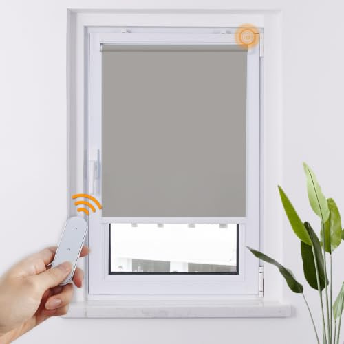 HOMEDEMO M100 Elektrische Rollos Verdunkelungsrollo mit Motor & Fernbedienung, Grau 60x130cm(BxH), Smart Rollo ohne Bohren klemmfix & mit Bohren, Sonnenschutz Sichtschutz Rollo für Fenster