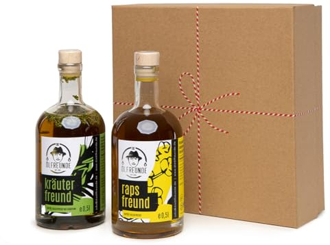DIE ÖLFREUNDE Geschenkbox „Duo“ 2 x Öl|2 erlesene Speiseöle|hochwertige kaltgepresste Öle|nachhaltige Öle mit Omega 3 und Omega 6 Fettsäuren|Perfekte Geschenkidee