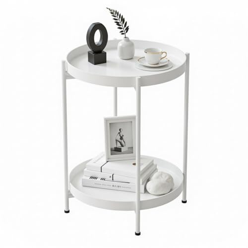 H HOMEWINS Metall Beistelltisch Rund Weiß Sofatisch mit Abnehmbare Tablette Ø40 x H50 cm Couchtisch Nachttisch für Wohnzimmer Schlafzimmer Büro