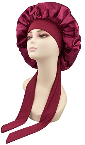 Satin, sidenmössa med elastiskt brett band, justerbar nattmössa för sömn, hårmössa för hårskydd, kök, spa, hårvård (vinröd)