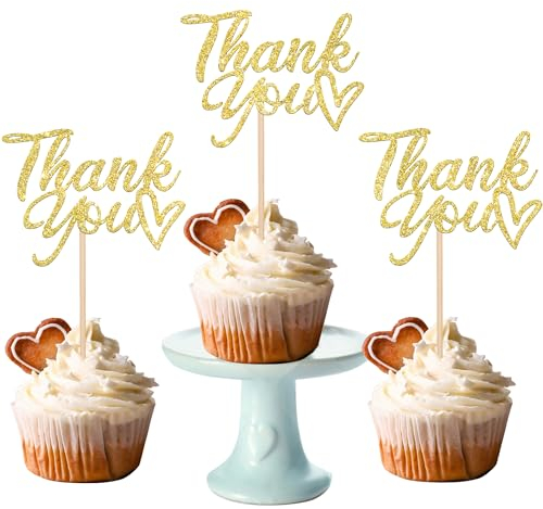 SYKYCTCY 24 Pack Thank You Cupcake Toppers Glitter Thank You Cupcake Picks Thanksgiving Day Cupcake Decorations Wedding Anniversary Birthday Party Supplies Gold