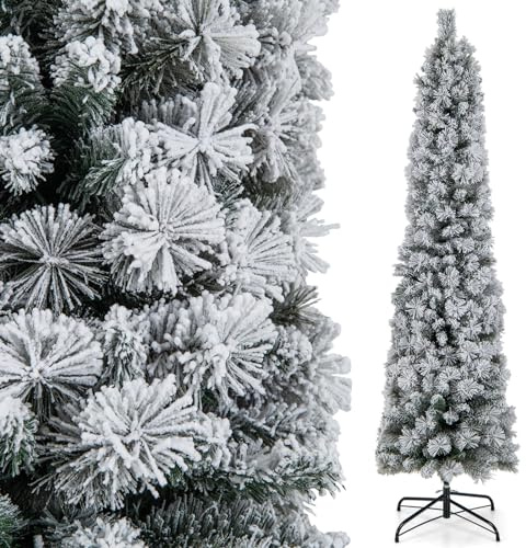 COSTWAY Albero di Natale Slim Innevato 180 cm con 150 Luci Bianche Calde | Albero artificiale con 373 Rametti e Aghi di Pino, Decorazione Stagionale per Casa, Negozio e Ufficio