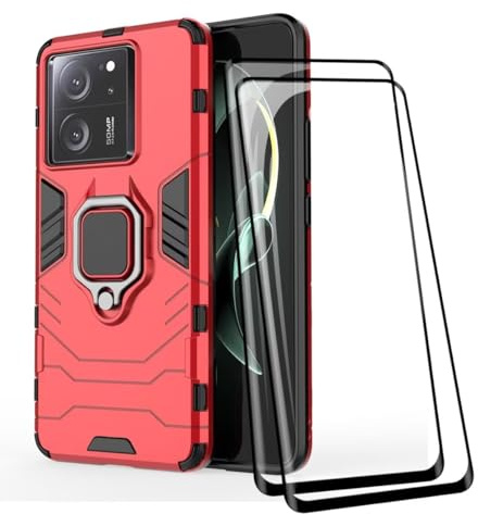 COMAKU Funda de Armor para el Xiaomi 13T / 13T Pro, Carcasa TPU+PC Antigolpes con Anillo Soporte [con 2 Pack Protector de Vidrio Templado para Pantalla ] - Rojo