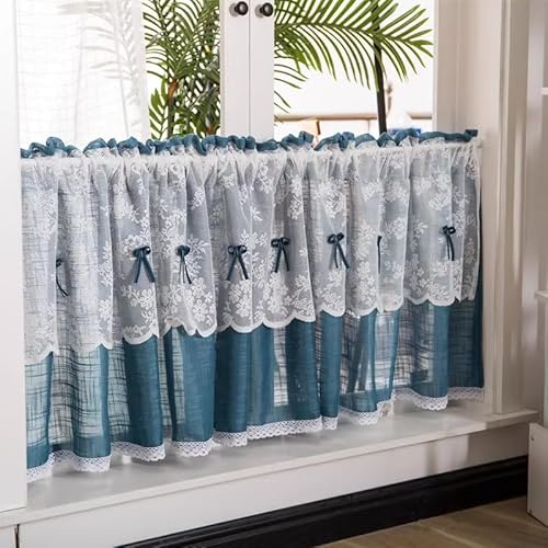 Yaland Amerikanisches Landhausstil Leinenoptik Bistrogardine Doppelschichtige Küchengardinen mit Spitze 1 Stück HxB 60x140cm Blau