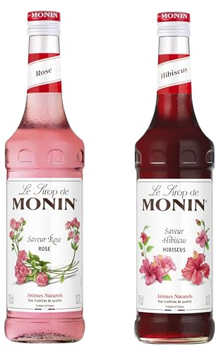 MONIN - Assortiment Sirop Saveur Rose & Sirop Saveur Hibiscus - Pour Prosecco, Cocktail, Thé Glacé, Limonade - Arômes Naturels - Bouteille en Verre - 2 x 70 cl