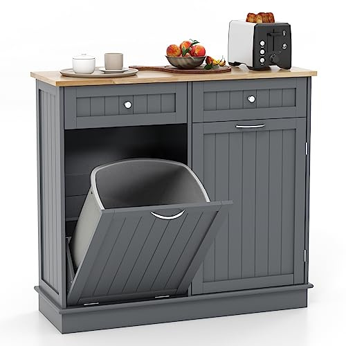 GOPLUS Küchenschrank aus Holz, Sideboard mit großer Arbeitsplatte & 2 Schubladen & Türschrank & Mülltierhalter, Kommode mit Kippsicherung, für Küche & Esszimmer & Badezimmer, ohne Mülleimer (Grau)