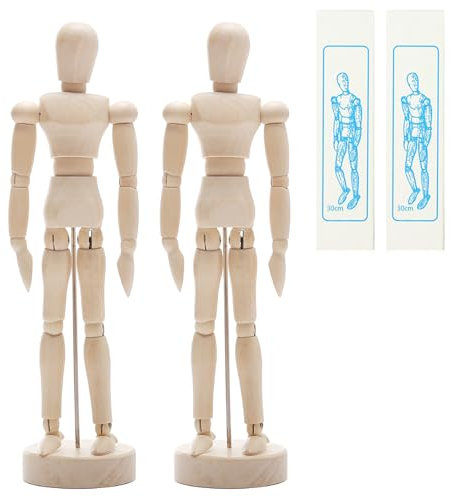 30,5 cm große Holzpuppe, 2 Stück, Zeichnungsfigur, Modell-Künstlerpuppe mit Sockel und flexiblem Körper zum Zeichnen, Malen, Skizzieren, Heimbüro, Schreibtischdekoration, Geschenk