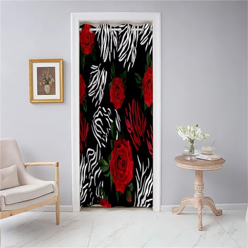 Odot Vorhang Blickdicht Türvorhang Thermo Gardinen Verdunklungsvorhänge mit Ösen, Stilvolle Rote Rose Muster Raumteiler Vorhang für Fenster Tür Schlafzimmer Schrank (150x200cm,Zebra)