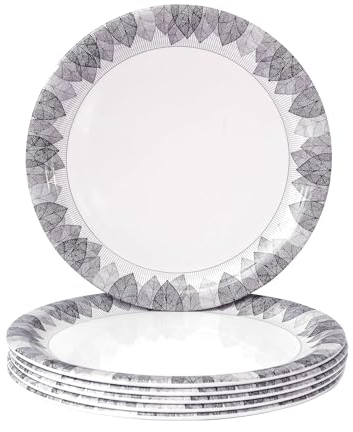 Juego de platos redondos de melamina para servir completos. Apto para microondas. Para desayuno, almuerzo (negro y gris de 11 pulgadas) - 6 piezas