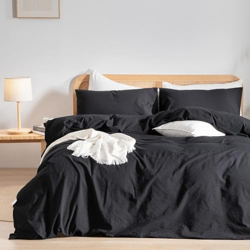 Gezu Bettbezug aus Baumwolle, 140 x 200 cm, Schwarz, 100 % Baumwolle, Öko-TEX Zertifizierung, für Einzelbett, weich und bequem, Bettwäsche mit 1 Kissenbezug 65 x 65 cm, mit Reißverschluss