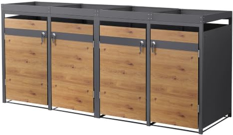 ML-Design Mülltonnenbox 4er 240L mit Pflanzdach, Mülltonnenverkleidung für 4 Mülltonnen, Müllbox wetterfest Mülltonnenhaus aus Stahl, Müllcontainer, abschließbare Tür 264x80x124 cm Anthrazit-Holzoptik