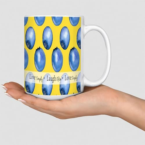 Tasse en céramique blanche et bleue avec inscription « Live Simply Laugh Often Love Deeply' Blueberry » - 445 ml