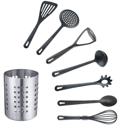 Westmark 8 tlg. Küchenutensilien-Set Gentle – Edelstahl-Besteckkorb mit Pfannenwender, Schaumlöffel, Kartoffelstampfer, Suppenkelle, Spaghettilöffel, Gemüselöffel, Schneebesen
