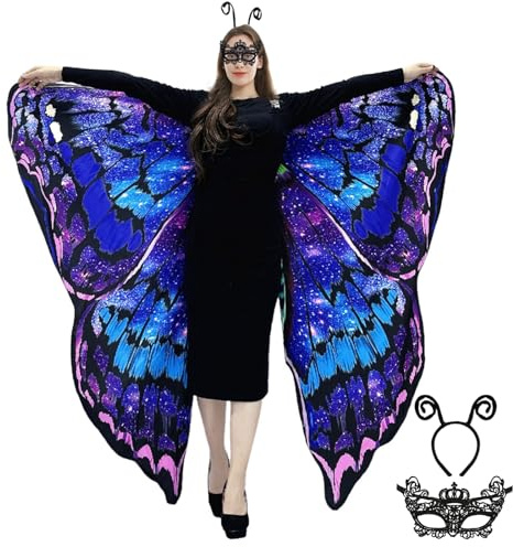 Schmetterling Umhang Damen - Doppelseitiger Druck Schmetterlingsflügel Erwachsene Kostüm mit Maske und Haarreif Schmetterling Flügel Faschingskostüme für Halloween Karnevel Cosplay (Sky)