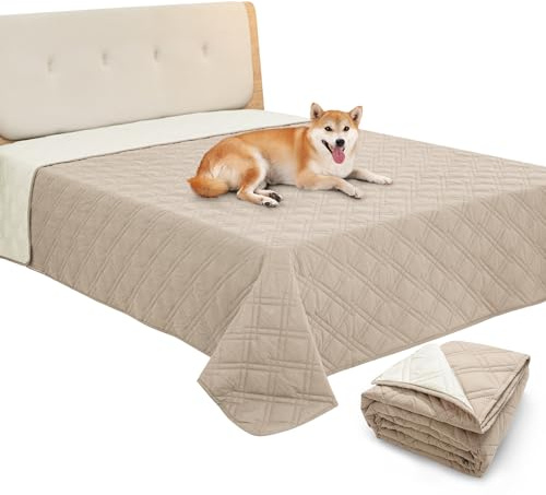 GYURO 100% Waterproof Dog Blanket Reversible Soft Pet Mat, Washable Couch/Bed/Car Protector for Large & Small Dogs (Khaki-Netz, 157 * 208CM)