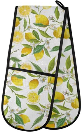 Double Oven Gloves Heat Resistant Lemon Flower Double Oven Mitts Pot Holder Heat Protection Oven Gloves for Home Kitchen Baking Cooking BBQ Microwave