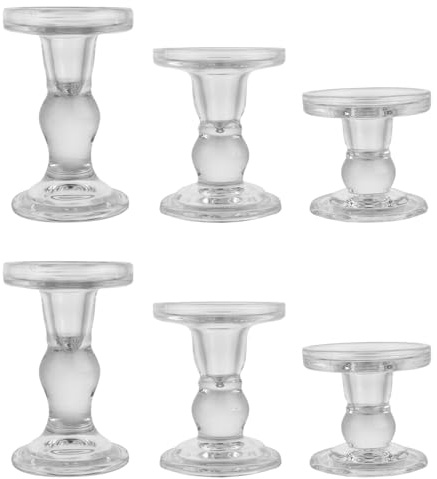 BTGLLAS Glass Candle Holders, 3 Pieces Crystal Clear Candlesticks With Elegant Design for Pillar Taper Candle and Tea light, Home Table Living Room Wedding Party Decorations Home (clear-6pcs)