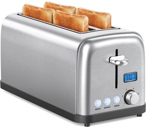 Commercial Long 2 Slot Toaster for 4 slices for Crumpets and Bagels - 6 Settings - Reheat and Defrost, Crumb Tray & Timer