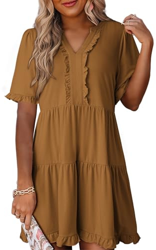Dokotoo Summer Dresses for Women Short Sleeve V Neck Empire Waist Casual Flowy Swing Plus Size Babydoll Western Tiered Tunic A Line Dresses with Pockets Brown Dress M