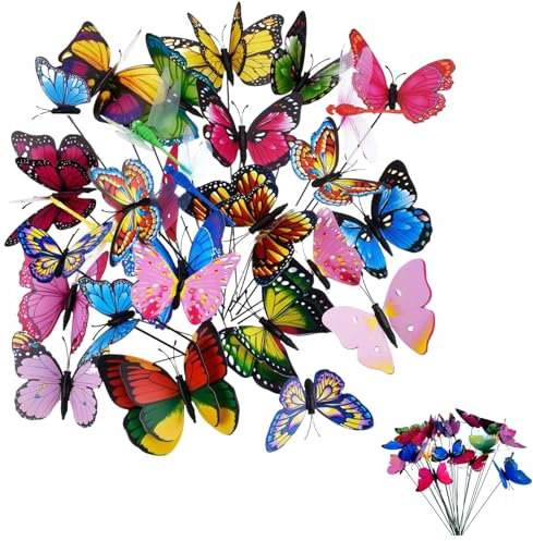 Papillons de Jardin Coloré, Piquets de Libellules de Papillons, Libellules de Jardin sur Bâtons, Ornements de Piquets, Décoration Stakes pour l'Extérieur Cour Patio Pot de Fleur Printemps, 24 Pièce