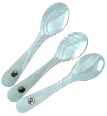lskdnrufh Cuchara Juego de cucharas for Caviar de nácar con Mango Redondo Artesanal for Caviar, Helado y café (3 Piezas, 12 cm) Cuchara de Mesa