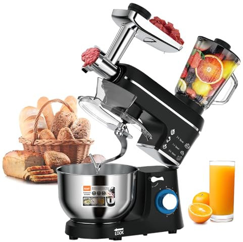 5 IN 1 Stand Mixer, 1400W Tilt-Head Multifunctional Electric Mixer with 10L Stainless Steel Bowl, 1.5L Glass Jar, Meat Grinder, Hook, Dough Whisk, Juice Blender, Beater Dishwasher Safe,Black