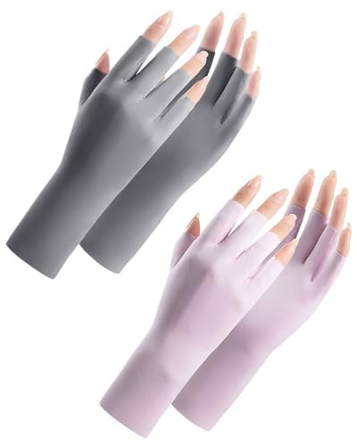CULEB 2 Paar UV Shield Handschuhe Nägel,Maniküre Fingerlose Handschuhe,Professionelle UPF50+ Anti-UV Schutz Handschuh Ohne Fingerkuppen für Maniküre Nagellack Fitness Radfahren(Grau,Lila)