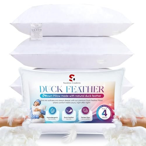 Duck Feather & Down Pillows (4 Pack) – Hotel Quality Bed Pillows for Sleeping, Soft & Breathable Pillow 1200GSM for Back, Side & Stomach Sleepers – Washable & Anti-Allergenic Comfort (50X75CM)
