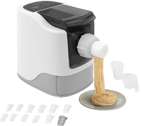 OUBUBY Elektrische Nudelmaschine Vollautomatisch 260W Multifunktions Haushalt Pastamaschine mit 14 Aufsätzen bis zu 500 g Teig, 5 Minuten Knetvorgang für Teigtaschen, Spaghetti, Fettuccine