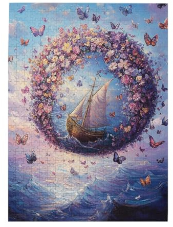 Cafemira Jigsaw Puzzle 500 Piece,Floating Floral Sphere Butterflies and Blossoms on Ocean Surface,Adult Wooden puzzles game,Relax and enjoy the fun of solving,Pieces Fit Together Perfectly