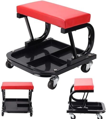 Workshop Stool on Wheels with Padded Seat & Tool Tray Storage Mechanics Stool Roller Seat 150 Kg Capacity Heavy Duty Mechanic Stool Car Creeper for Workshop Garage Auto Repair