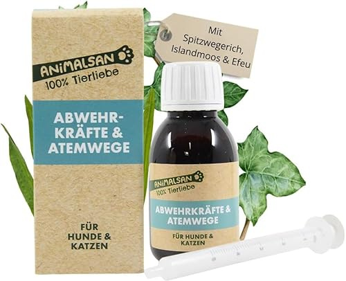 Atemwege & Abwehrkräfte Ergänzungsfuttermittel, Hund & Katze, 100 ml | Flüssiges Ergänzungsfuttermittel mit Spitzwegerich, Efeu & Isländisch Moos – kann Atemwege, Husten & Immunsystem unterstützen
