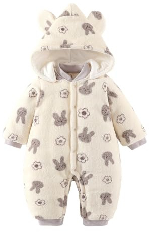 JiAmy Baby Snowsuit, Infant Fleece Jumpsuit Newborn Boys Girls Detachable Hood Snap Closure Beige for 0-3 Months