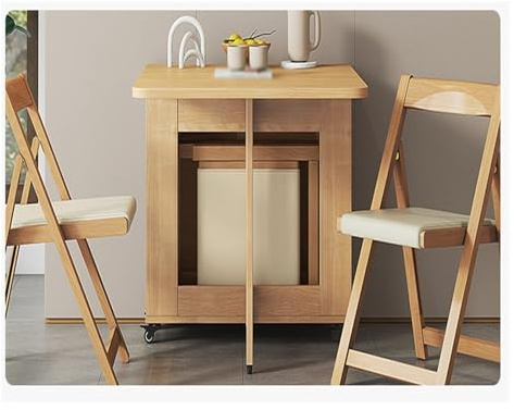 Set di tavolo e sedie pieghevoli in legno massello, postazione di lavoro mobile da 1,4 m, con armadietti e rotelle, tavolo da banchetto resistente per 4 persone, finitura naturale