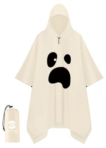 SaphiRose Hooded Rain Poncho Waterproof Raincoat Jacket for Men Women Adults, White Ghost, One size