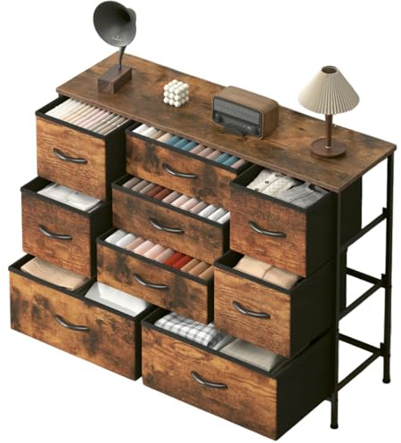 Feonase Chest of Drawers, Bedroom Dresser with 9 Fabric Drawers, Metal Frame & MDF Wood Top, Adjustable Feet, Storage Organizer Unit for Bedroom, Closet, Living Room, Hallway, Rustic Brown
