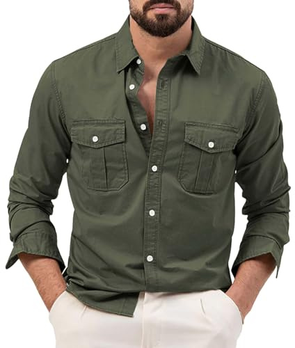 DENGJIAMY Camisas de Pana para Hombre Cuello Liso Manga Larga con Botones Talla Grande Casual Tops Conjuntos de Otoño para Hombre, S