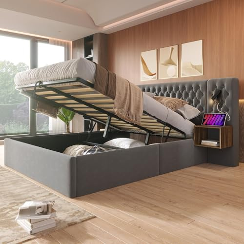 Bettanlage Schlafzimmer Komplett Set,Polsterbett Hydraulisch Stauraumbett Doppelbett 160×200 cm mit 2 Nachttischen, Kopfteil Leselicht mit USB Ladefunktion, Samt(Ohne Matratze) (Gray, 180×200 cm)