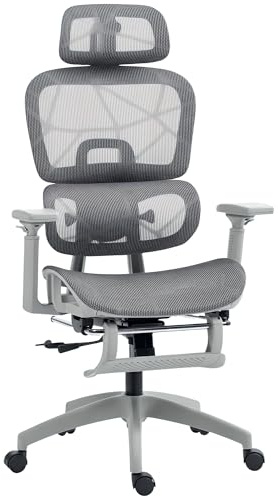 HOMCOM Bürostuhl mit Liegefunktion 3-Fach Verstellbar Rückenlehne Grau | Ergonomisch Schreibtischstuhl, Höhenverstellbarer Drehstuhl, Klappbar Armlehnen, Kopfstütze, Lendenwirbelstütze