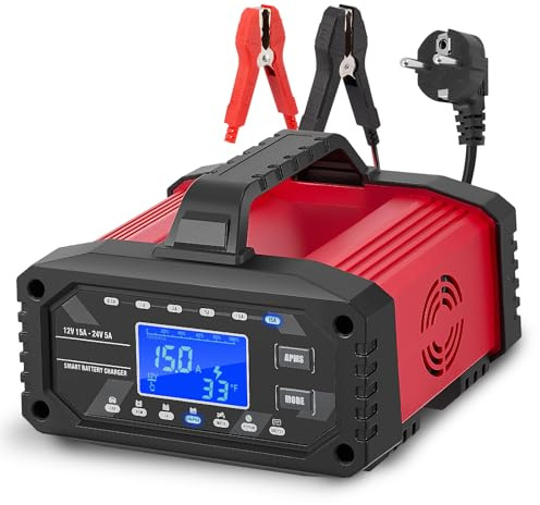 15A Caricabatterie da Auto, 12V/24V Caricabatterie Intelligente con Compensazione Della Temperatura per Auto, AGM, Gel, Wet, SLA per Batterie Piombo-acido e LiFePO4