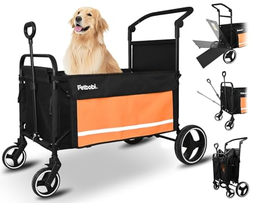 Petbobi 2-in-1 Schieb- & Zug-Hundetrolley für mittelgroße & große Hunde, mit Zugangsrampe für alte/behinderte Hunde, faltbarer Allterrain-Wagen für Camping & Outdoor, Orange