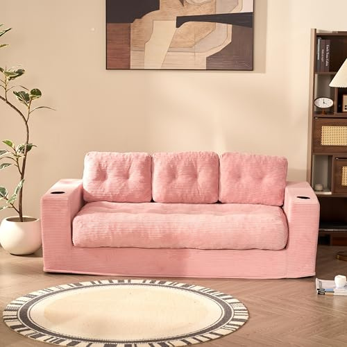 Litbird Bodensofa 190 cm 3-Sitzer, Modulares Cord Sofa mit Rückenlehne, Couch für Jugendzimmer, Studenten & kleine Wohnungen, mit Kissen und Getränkehaltern (Rosa)
