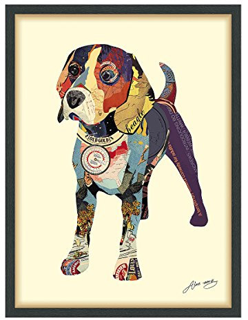 Empire Paintball Dimensionale Collage, handgefertigt von Alex Zeng Gerahmte Grafik Hund Wandbild, Papier, Holz, Glas, Beagle 1, 25 x 33