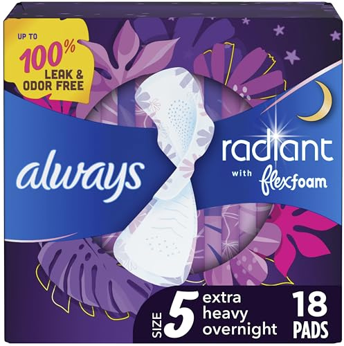 Always Radiant Flexfoam Pads for Women, Size 5, Extra Heavy Overnight Absorbency, With Wings, Scented, 18Count